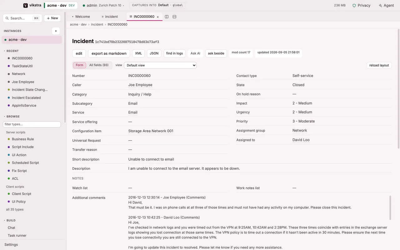Incident INC0000060 laid out as the instance lays out its Default view: the main section in two columns, then full-width fields, then Notes.