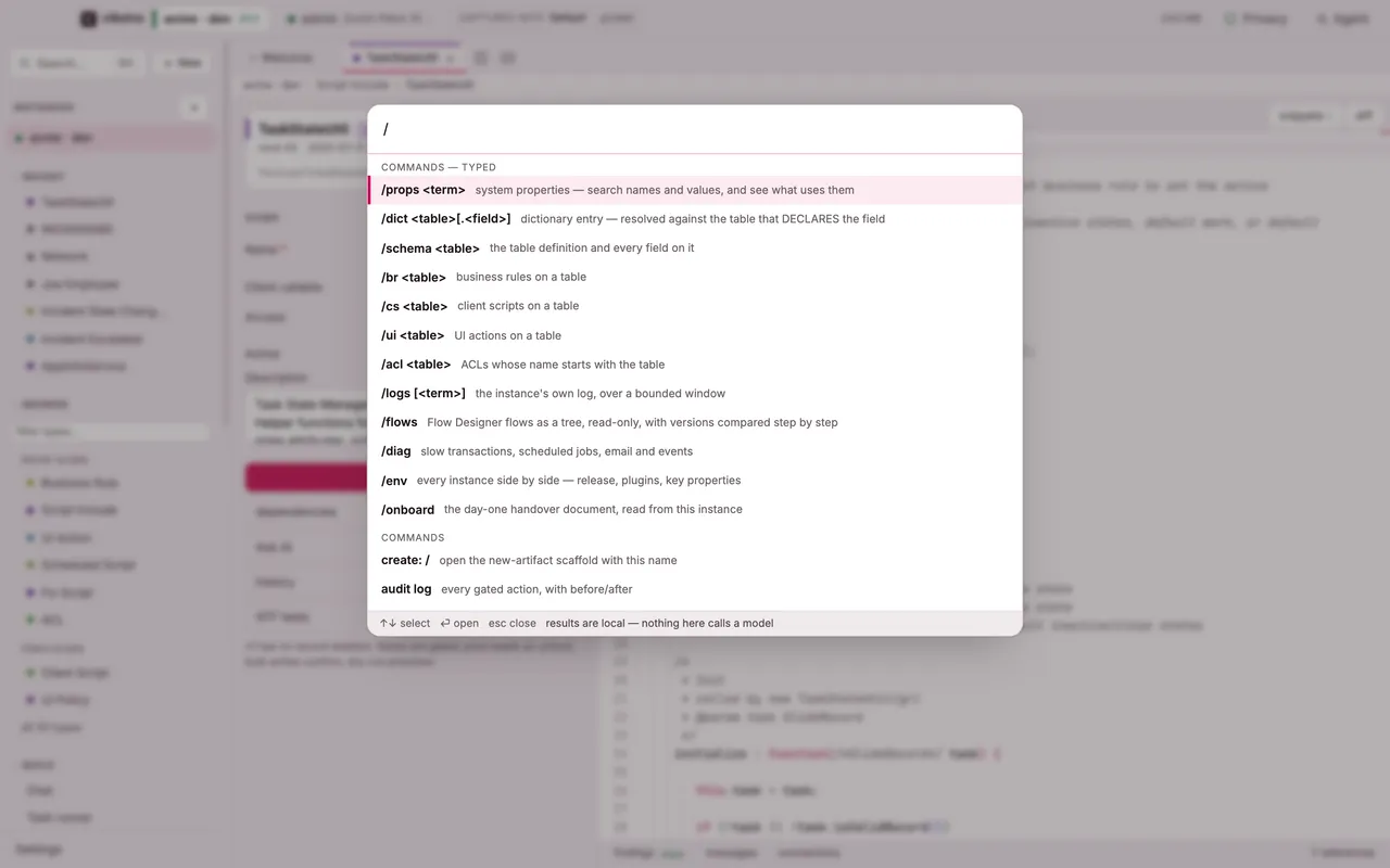 The command bar opened with the Cmd+K shortcut, listing its slash commands.