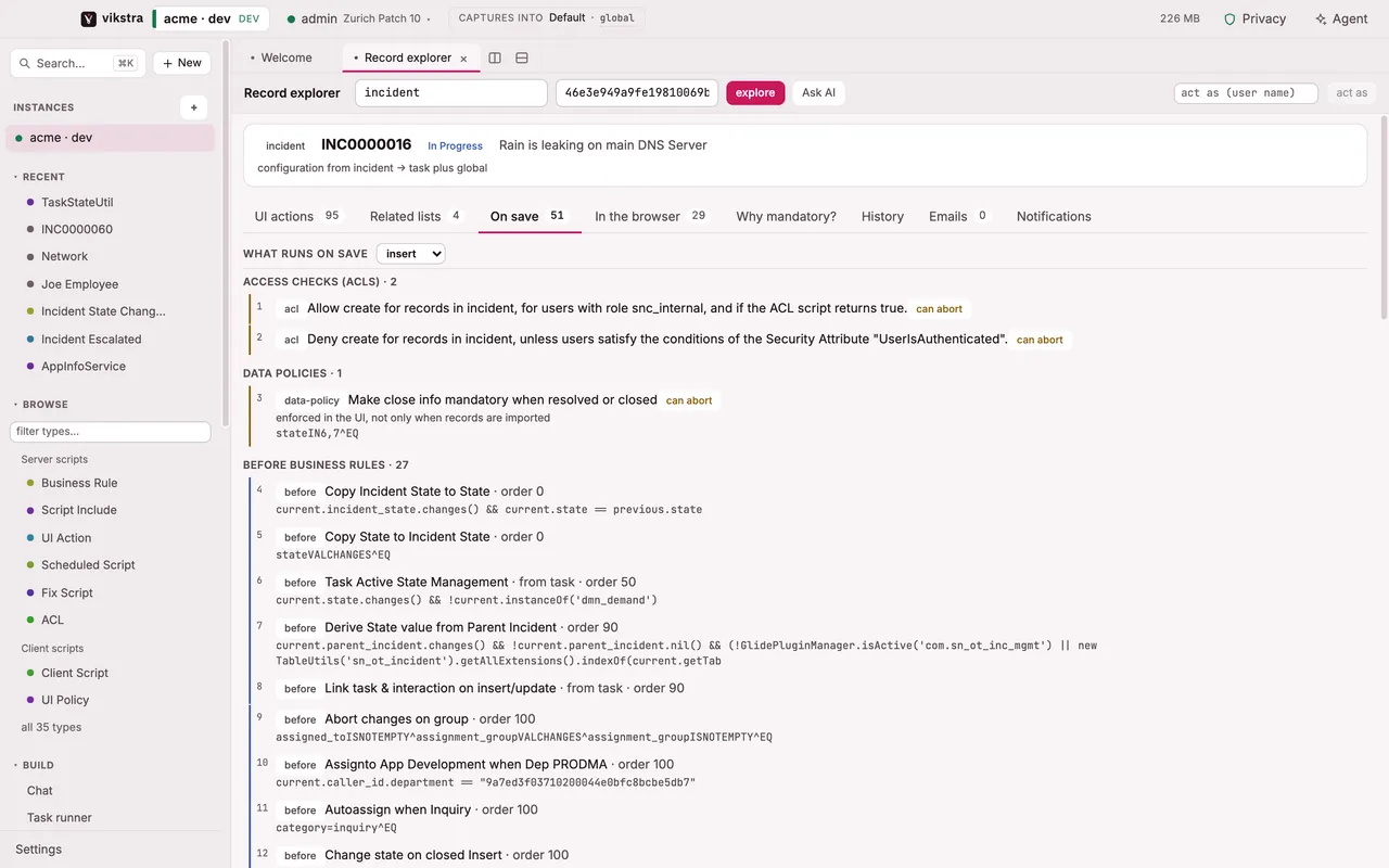 The record explorer on an incident: why each field is mandatory, and every business rule that runs when the record is saved, in order.