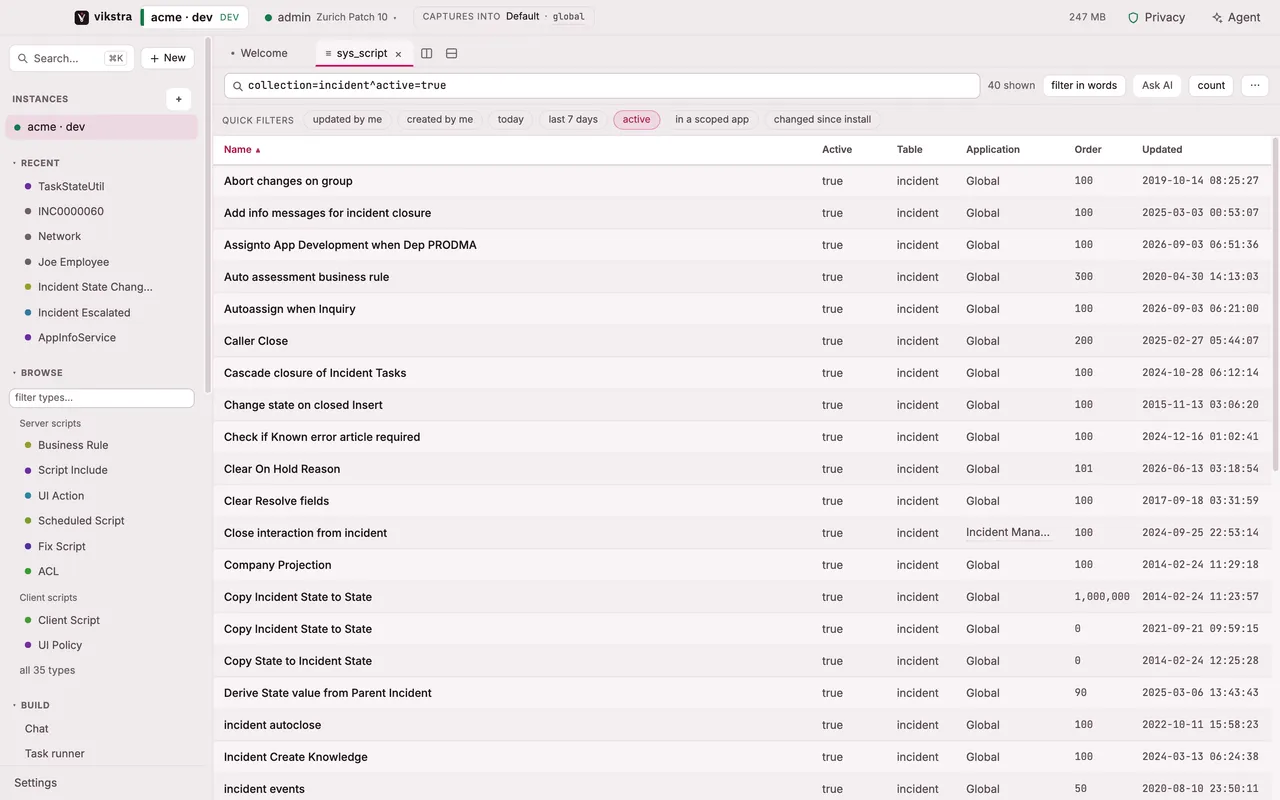 The active business rules on incident as a list, with the encoded query and quick filters above it.
