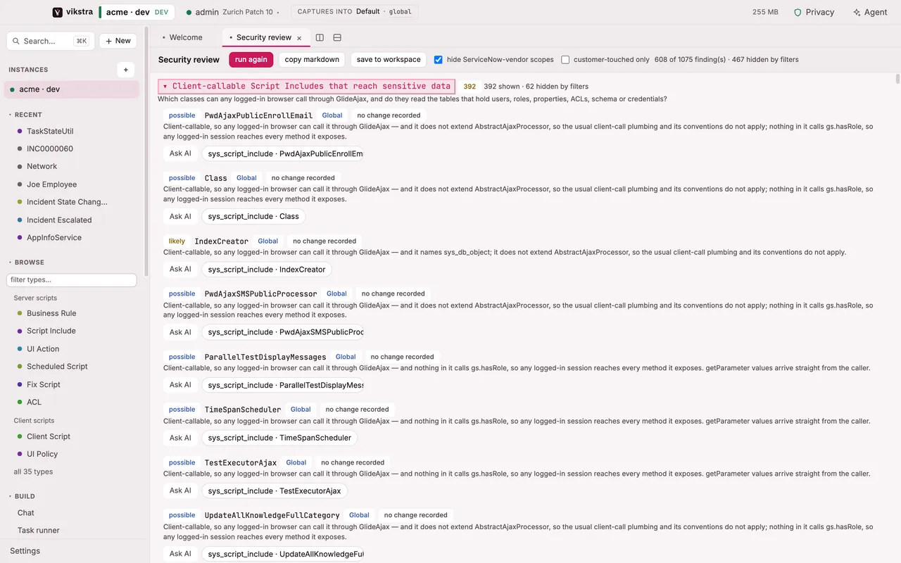 The security review of an instance: elevated roles, public endpoints and script findings, each finding with a confidence level.