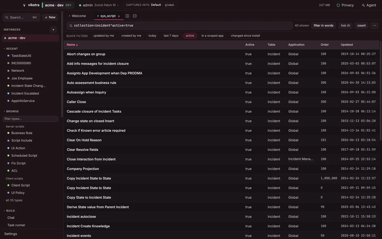 The active business rules on incident as a list, with the encoded query and quick filters above it.