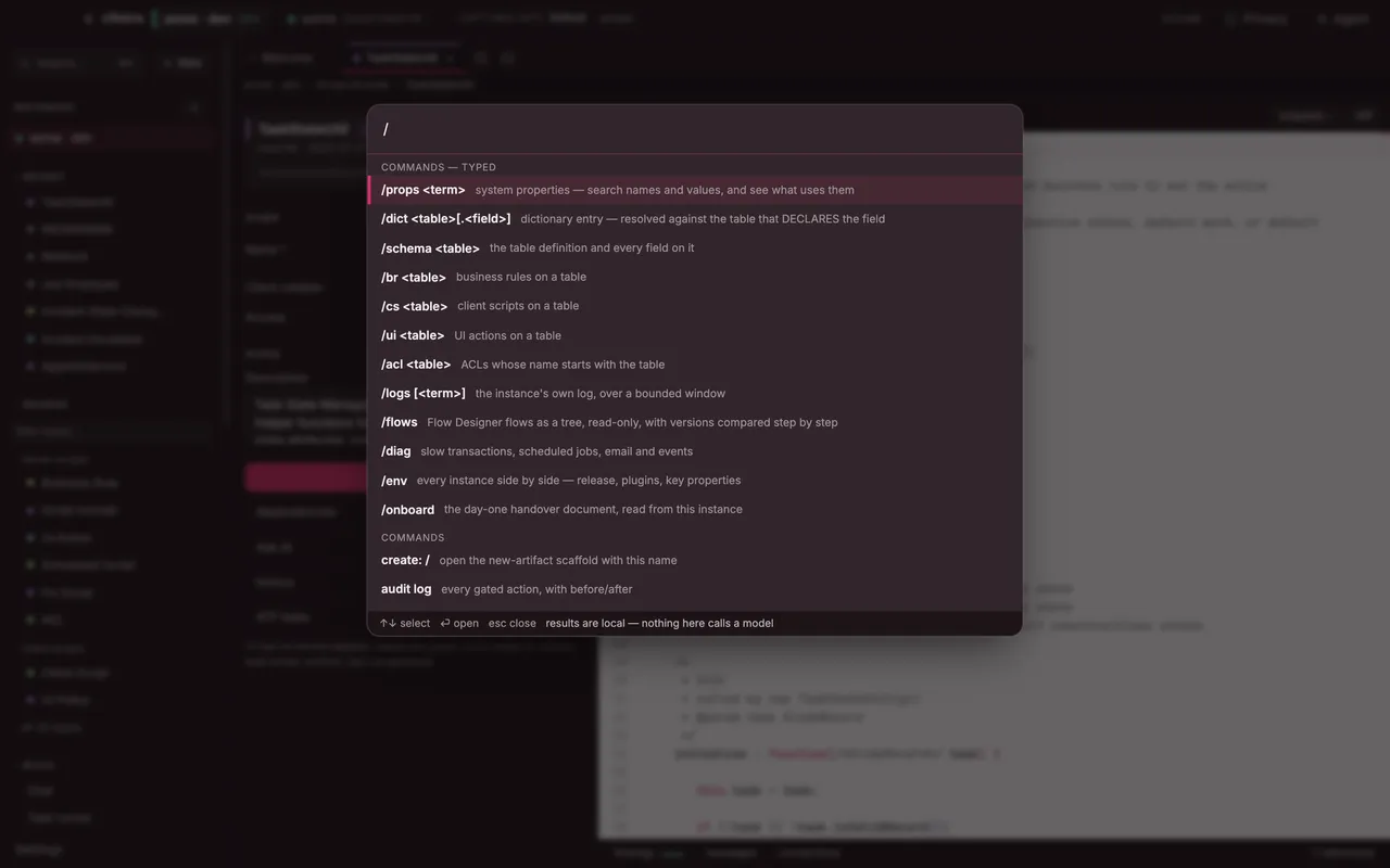 The command bar opened with the Cmd+K shortcut, listing its slash commands.