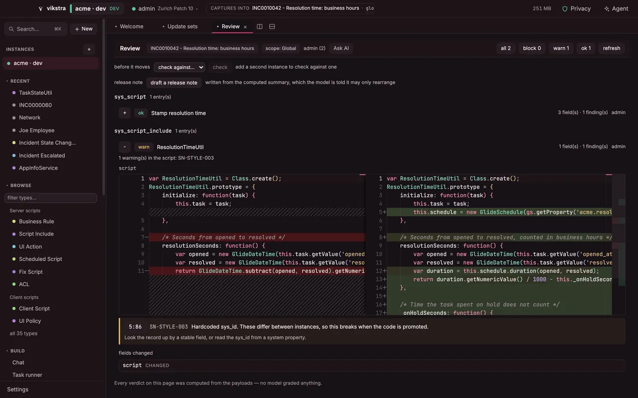 An update set reviewed as a pull request: a Script Include's script diffed against the version before it, with the validator's hardcoded sys_id finding on the changed line.