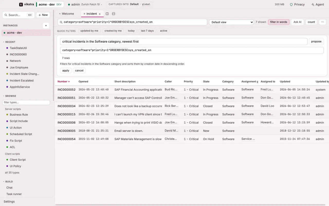 An incident list filtered from a plain-language sentence, showing the encoded query it became and the row count.