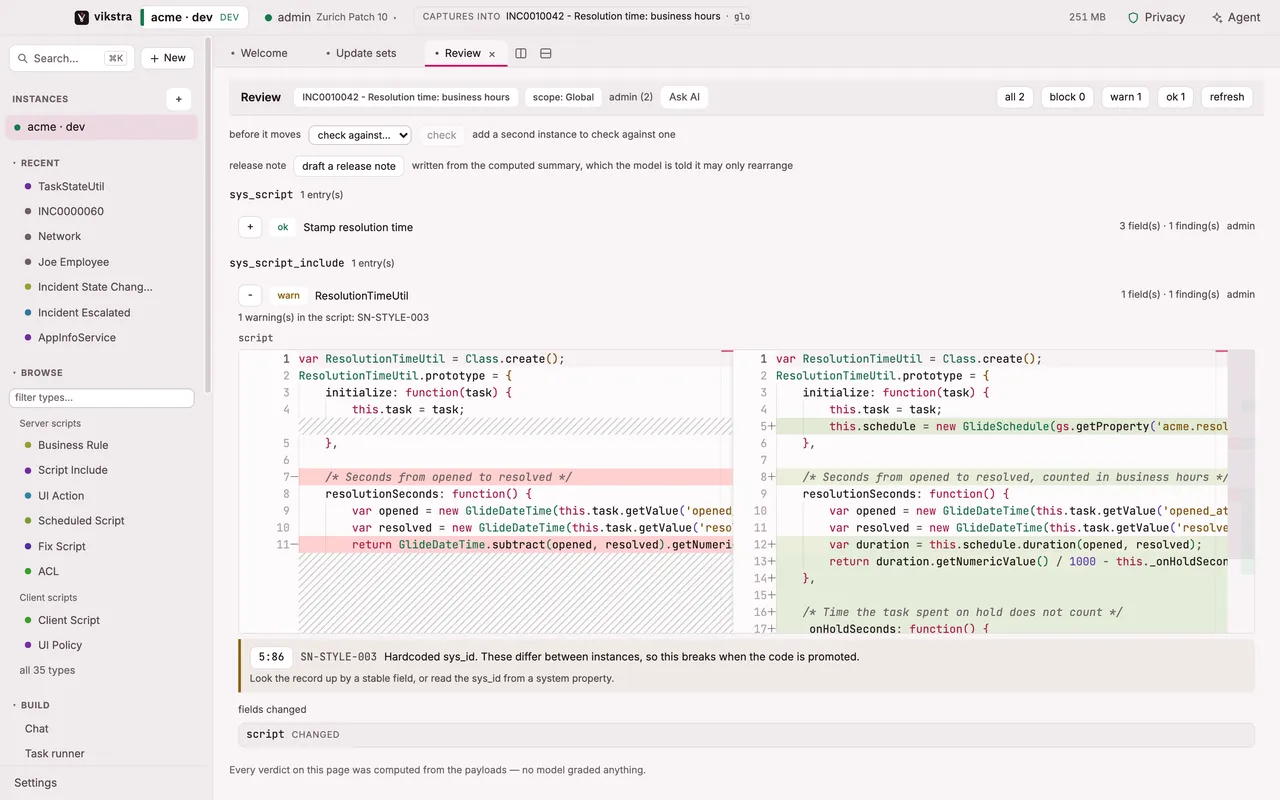 An update set reviewed as a pull request: a Script Include's script diffed against the version before it, with the validator's hardcoded sys_id finding on the changed line.
