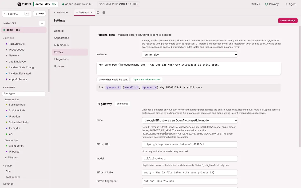 The personal-data filter test: a name, an email address and a phone number replaced with placeholders before a model sees them.