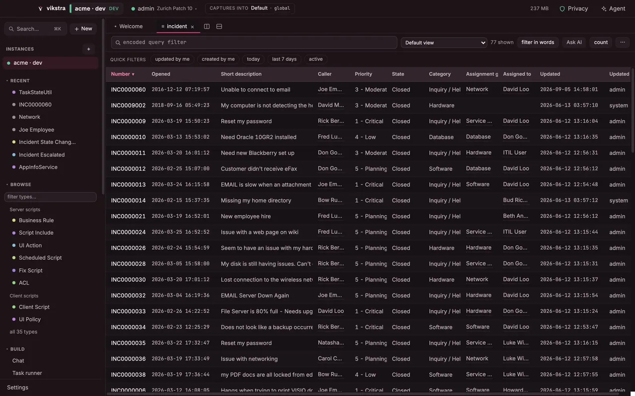 An incident list in the instance's default view, with columns sized to their values, full choice labels and clickable reference cells.