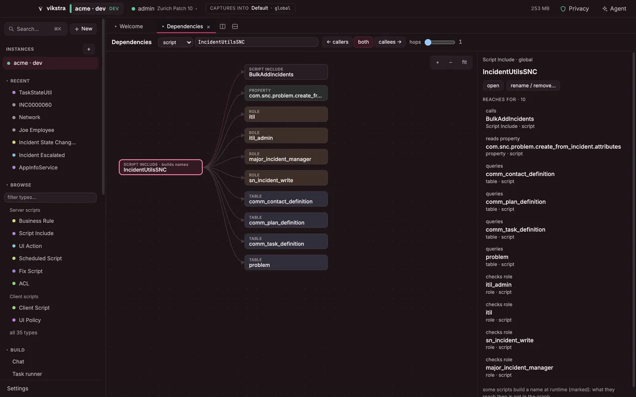 Dependency graph for the Script Include IncidentUtilsSNC at one hop: what it calls, the property it reads, the roles it checks and the tables it queries.