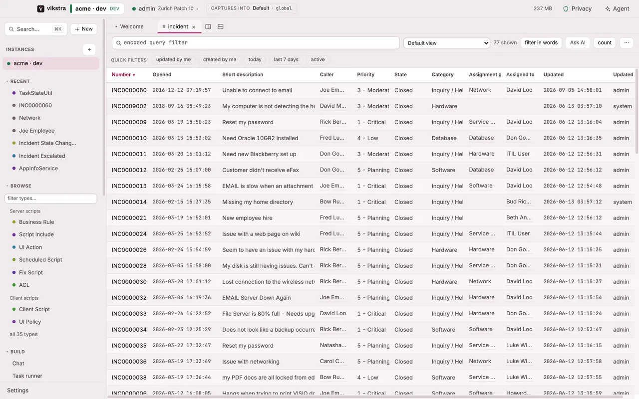An incident list in the instance's default view, with columns sized to their values, full choice labels and clickable reference cells.