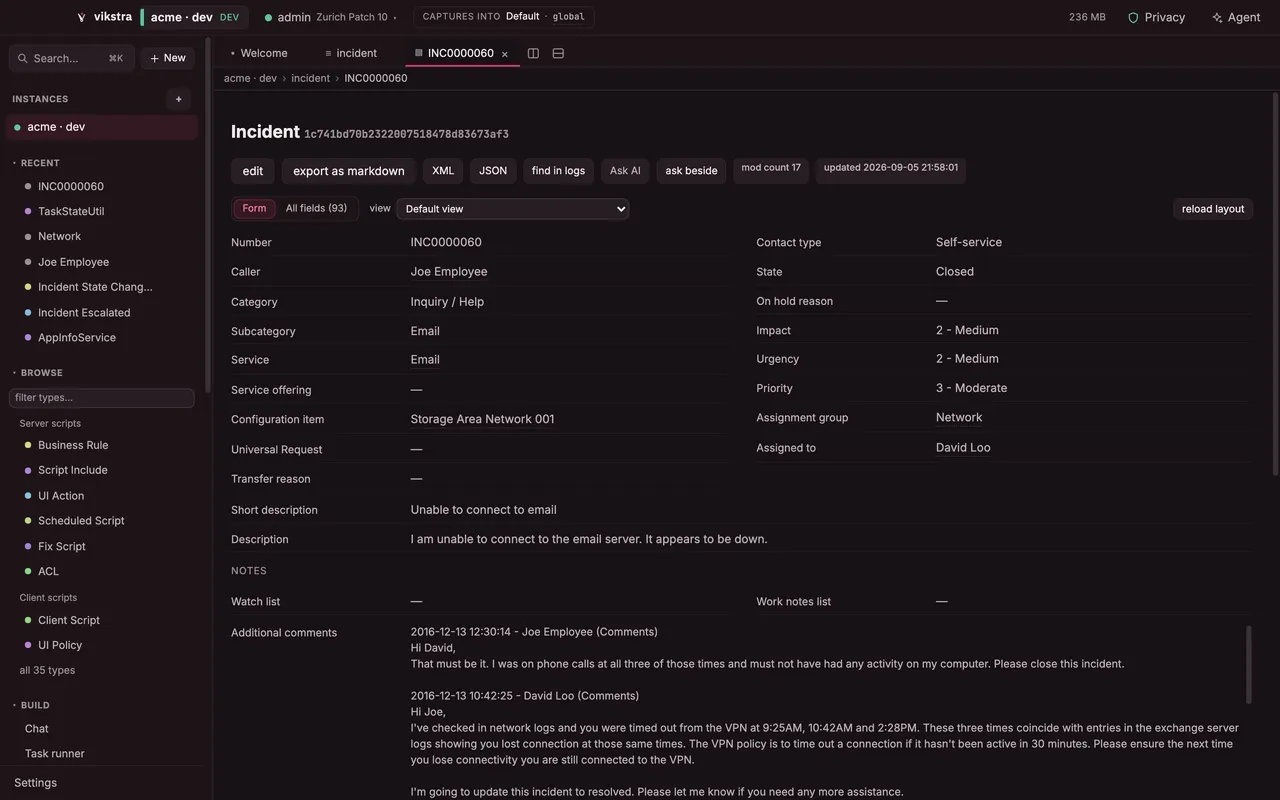 Incident INC0000060 laid out as the instance lays out its Default view: the main section in two columns, then full-width fields, then Notes.