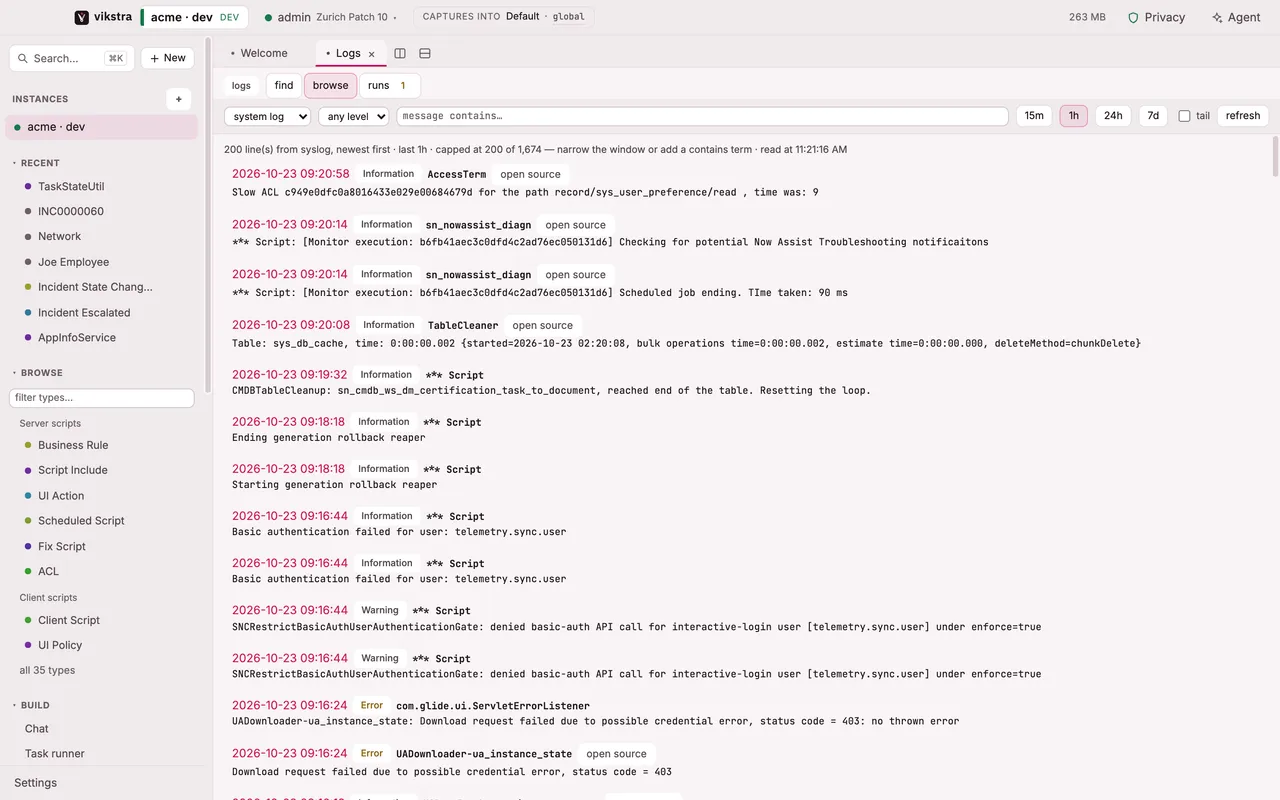 The system log, newest first, with each line linked to the script that wrote it.