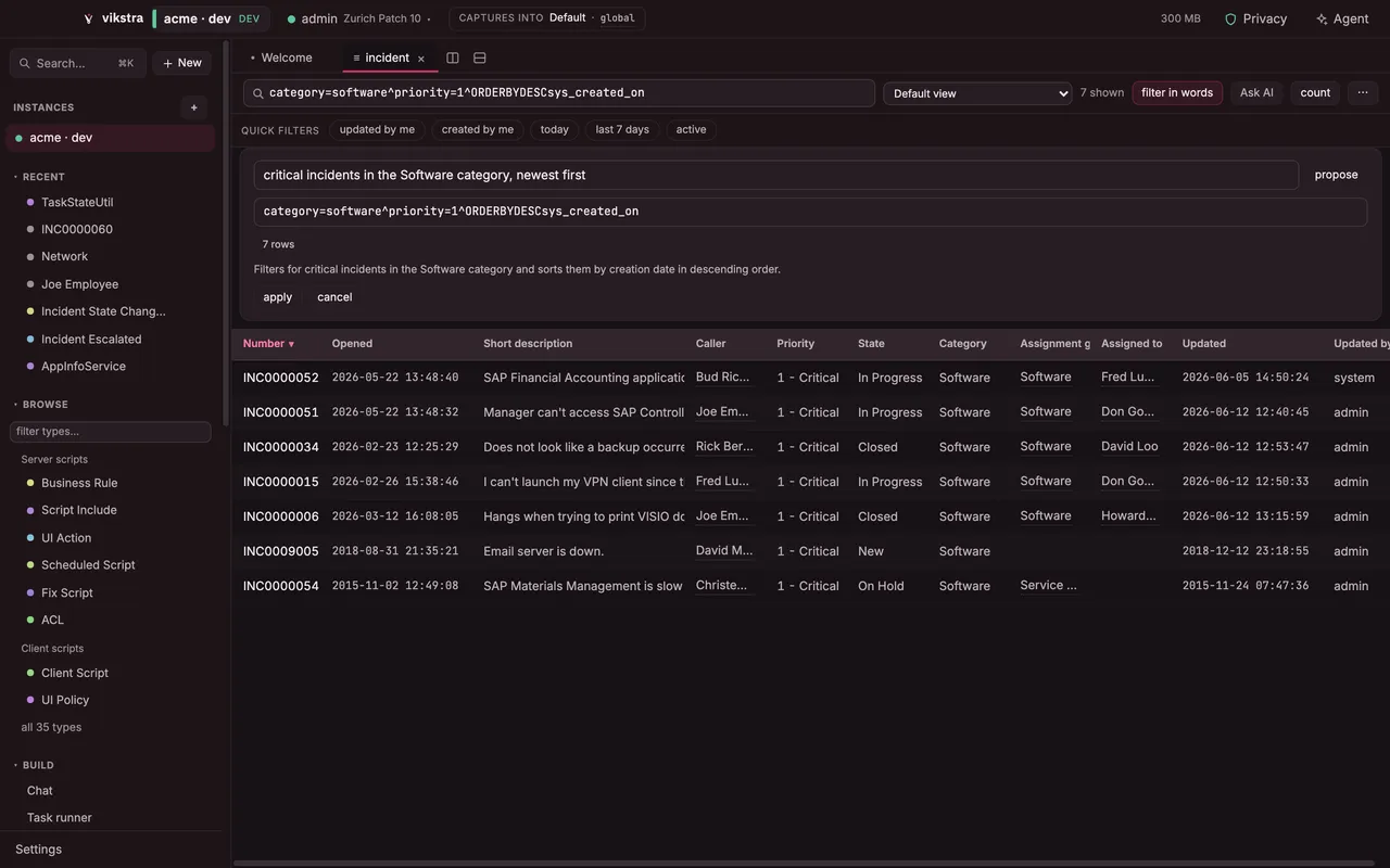 An incident list filtered from a plain-language sentence, showing the encoded query it became and the row count.