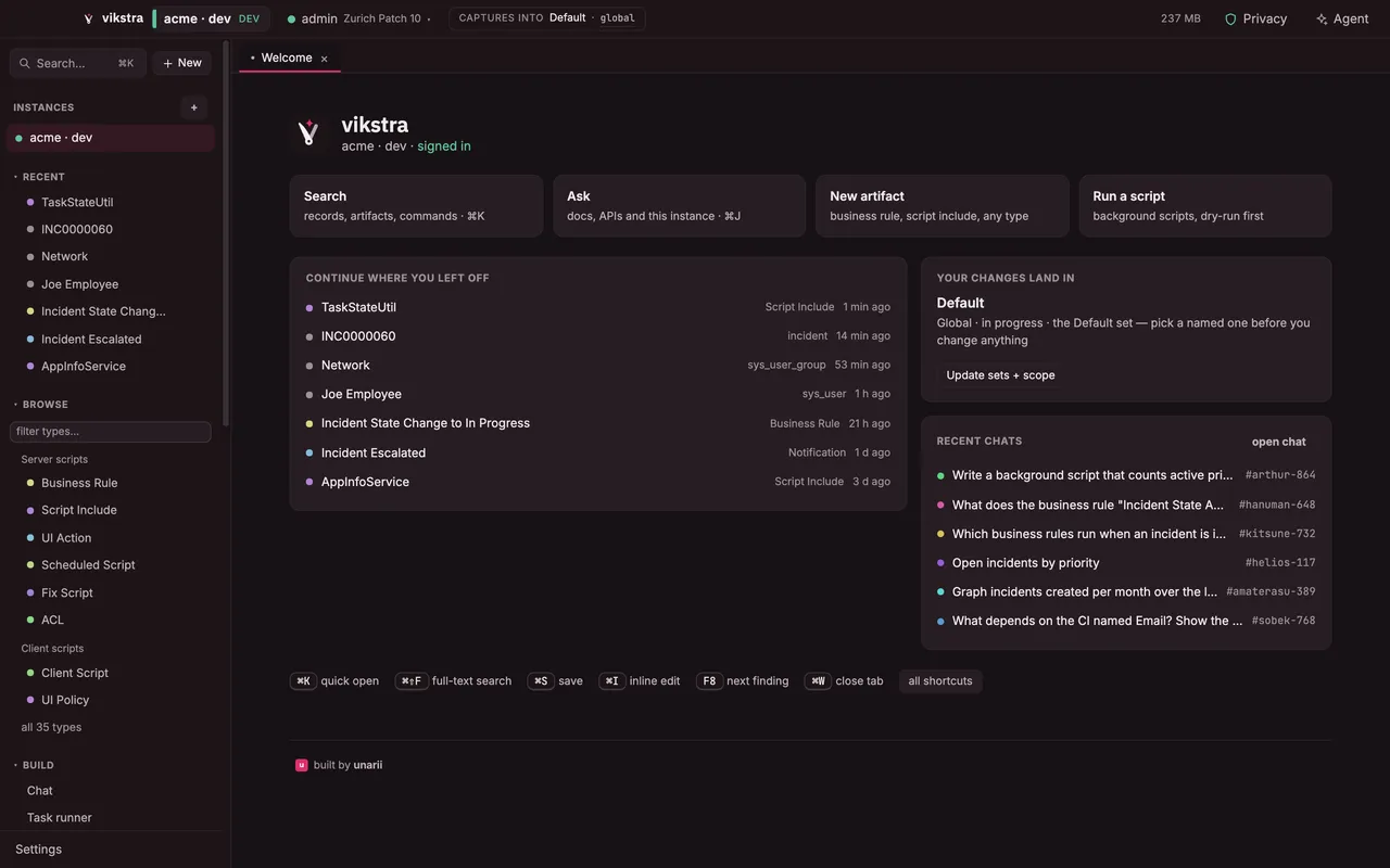 The vikstra home screen: the connected instance, the work you left off, the update set your changes land in, and recent chats.