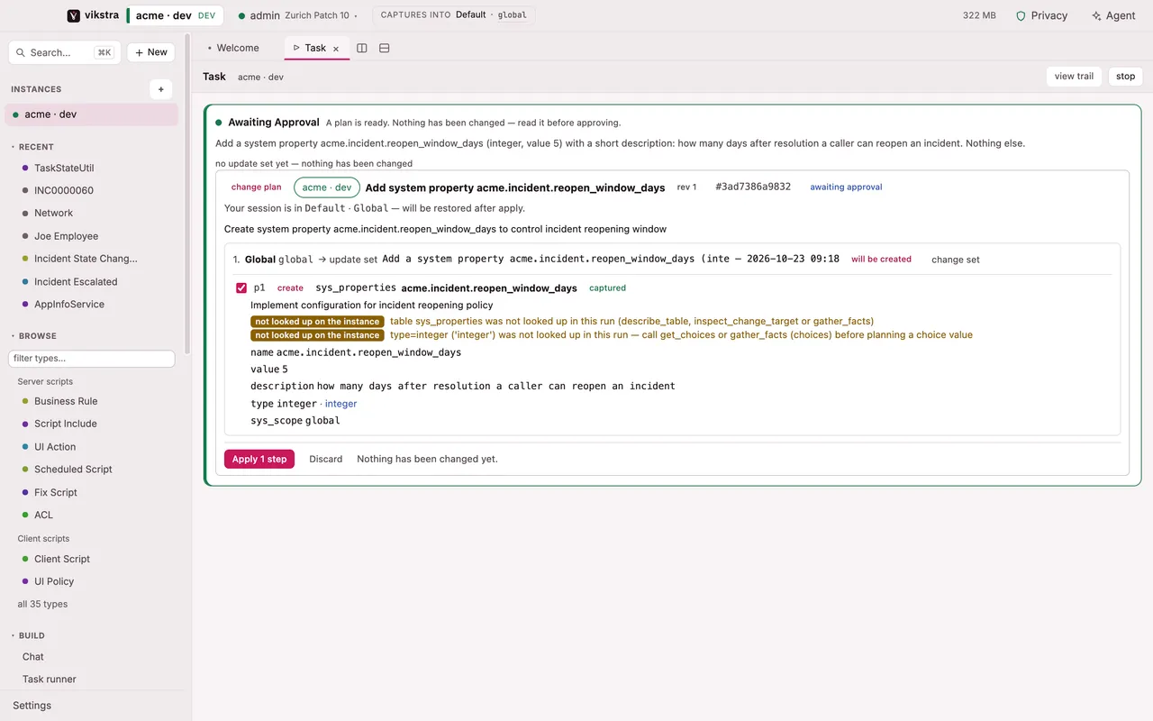 The task plan card: one step to add a system property, the update set it will be captured in, and a wait for approval.