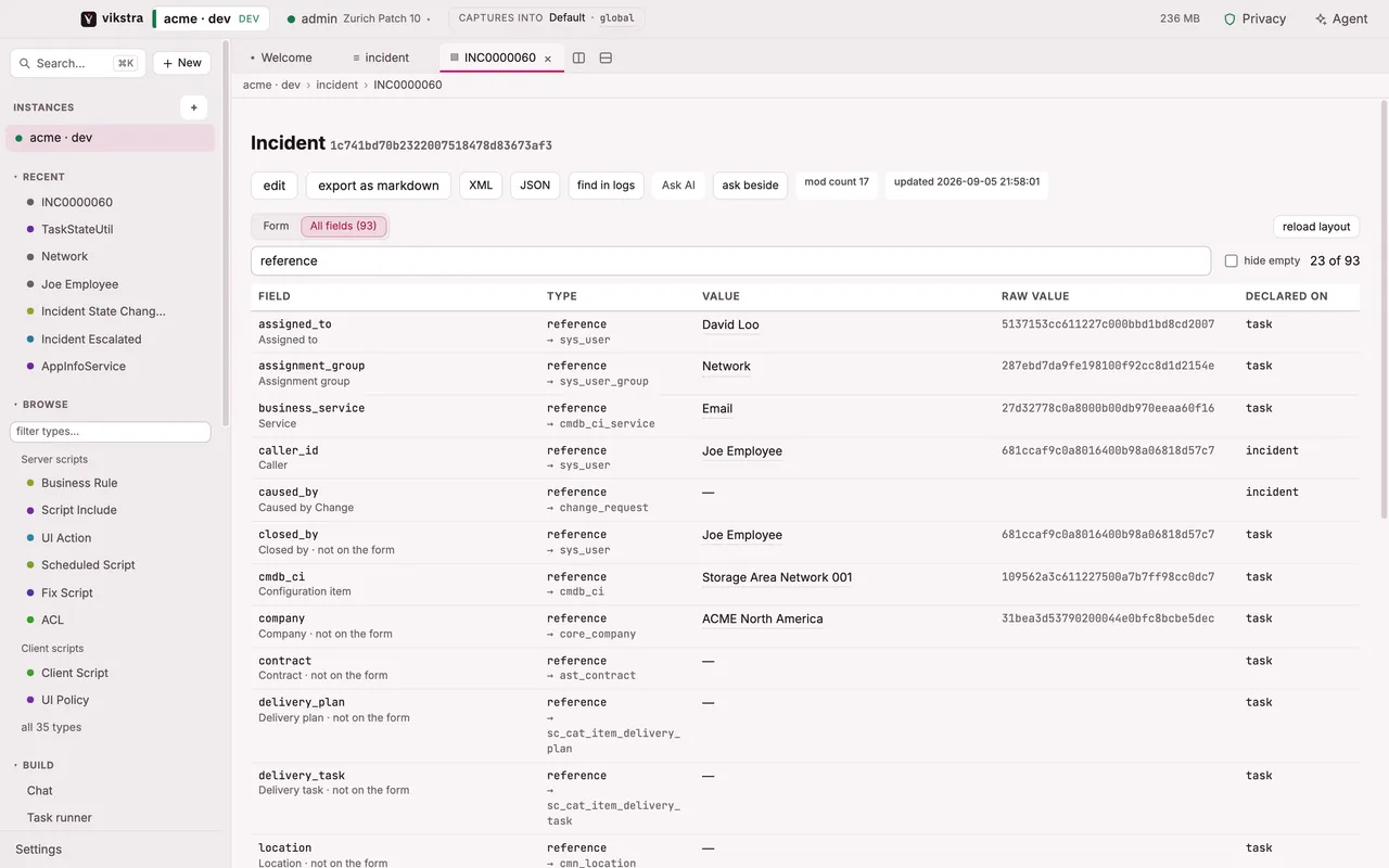 The All fields view of an incident filtered to reference fields: name, label, target table, display value beside raw sys_id, and the table each field is declared on.