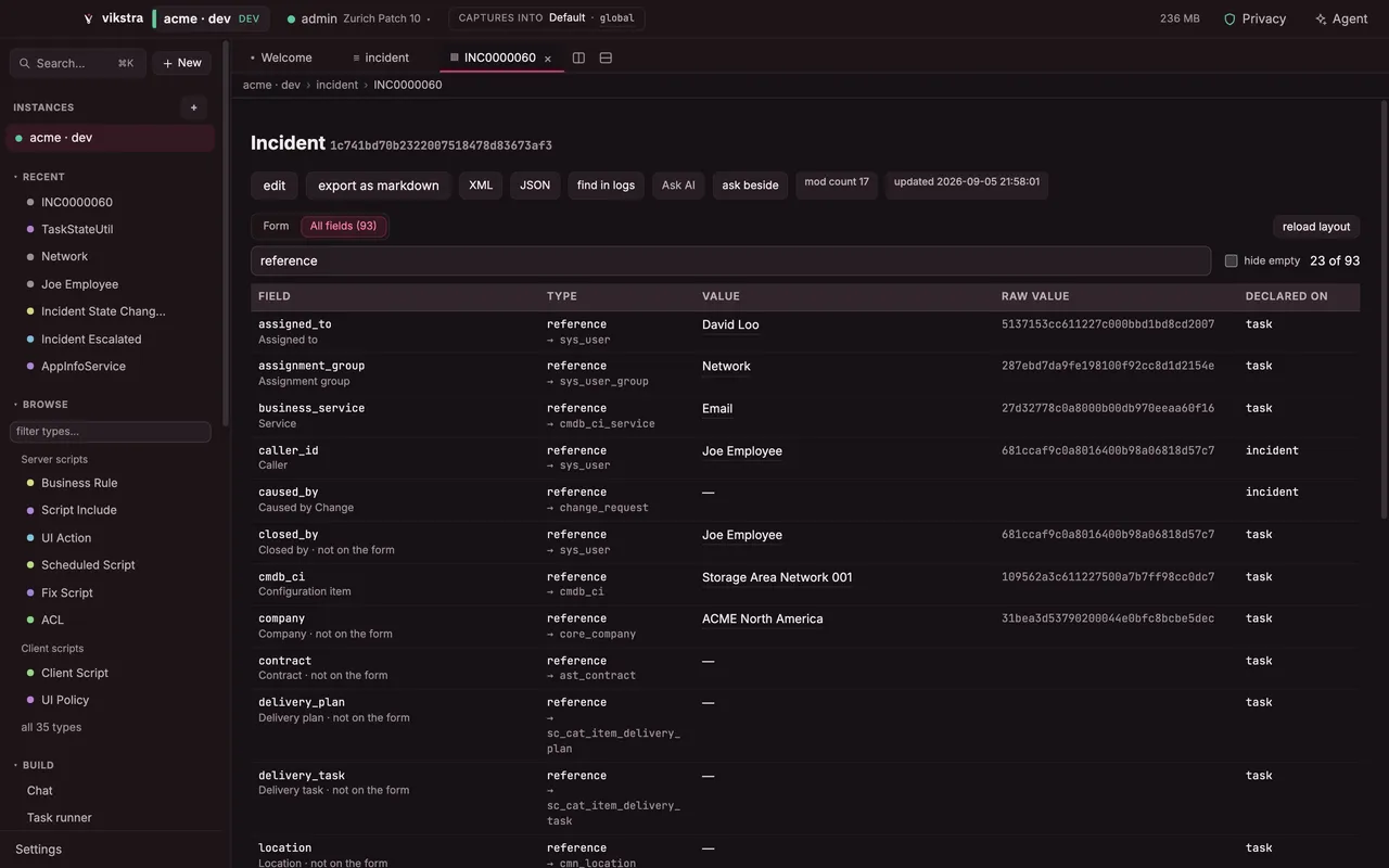 The All fields view of an incident filtered to reference fields: name, label, target table, display value beside raw sys_id, and the table each field is declared on.