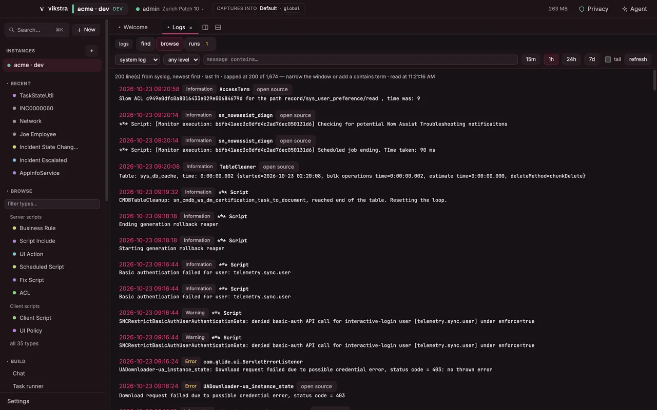 The system log, newest first, with each line linked to the script that wrote it.