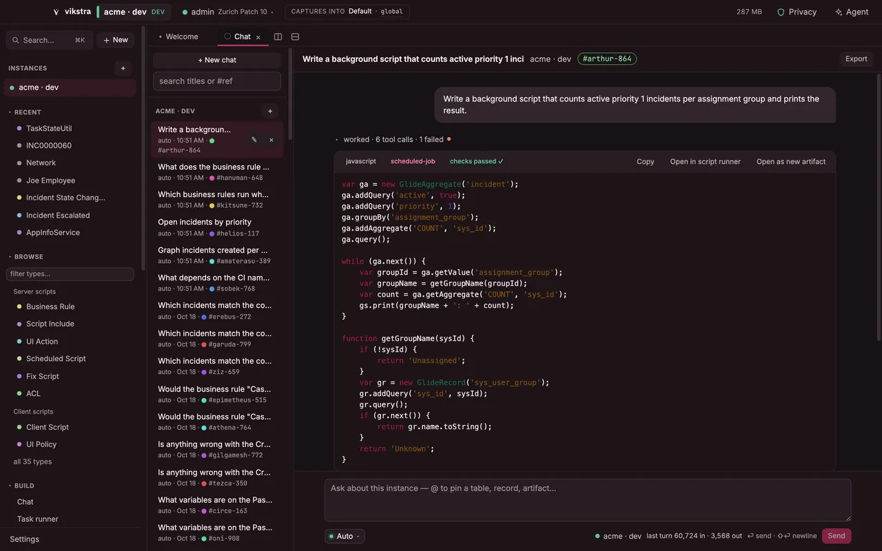 The chat view: an answer containing a background script marked checks passed, with the tool-call summary, on a local model.