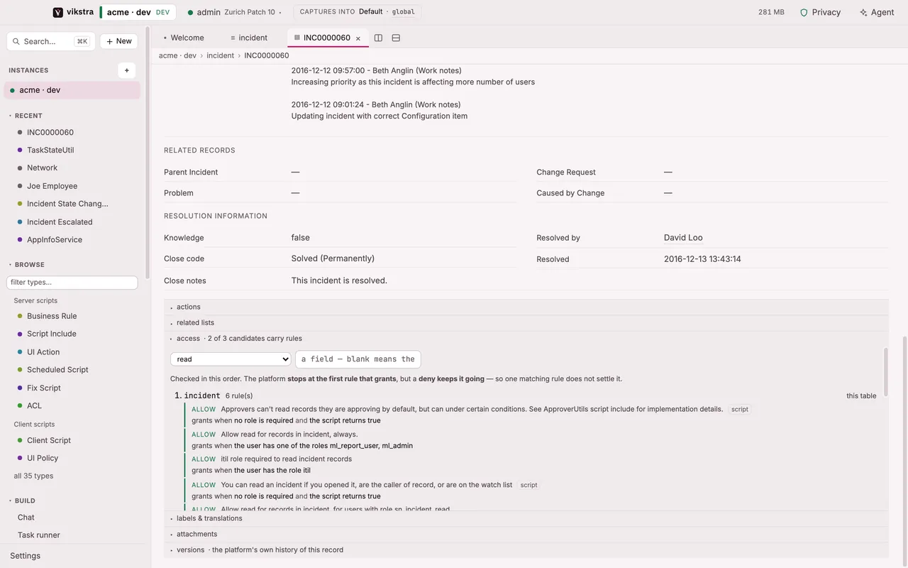 The ACL chain for reading an incident, on the record itself: the candidate rules in the order the platform checks them, each with the roles or script that grant it.