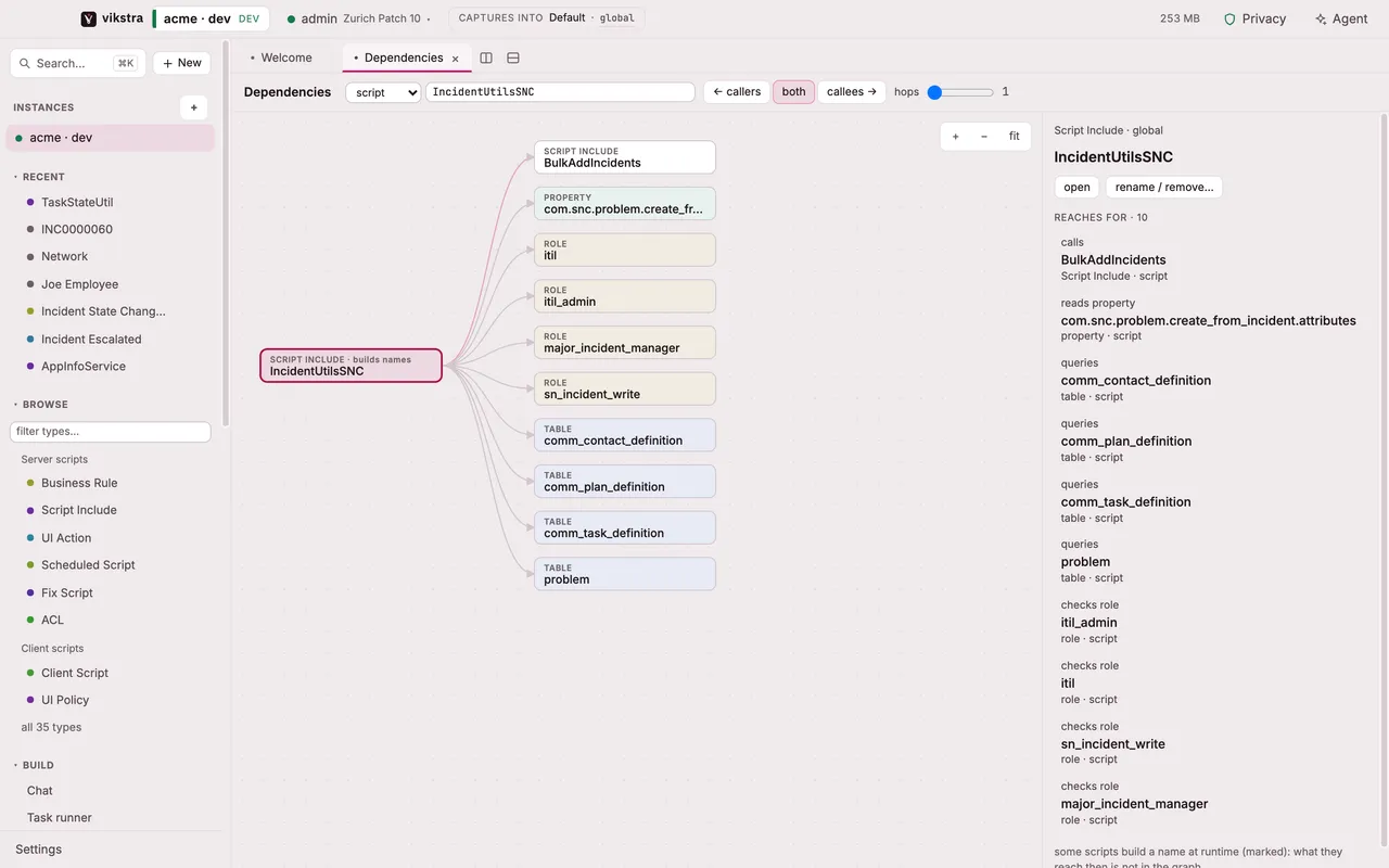 Dependency graph for the Script Include IncidentUtilsSNC at one hop: what it calls, the property it reads, the roles it checks and the tables it queries.