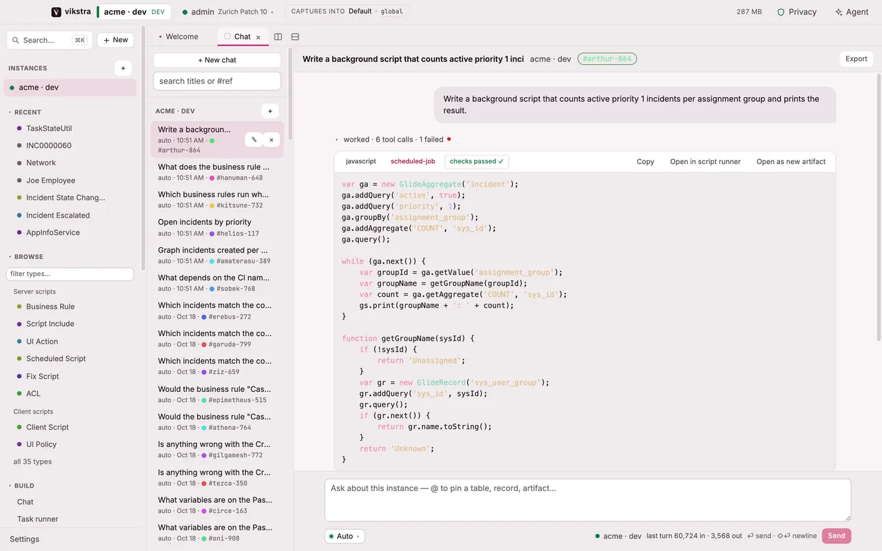 The chat view: an answer containing a background script marked checks passed, with the tool-call summary, on a local model.