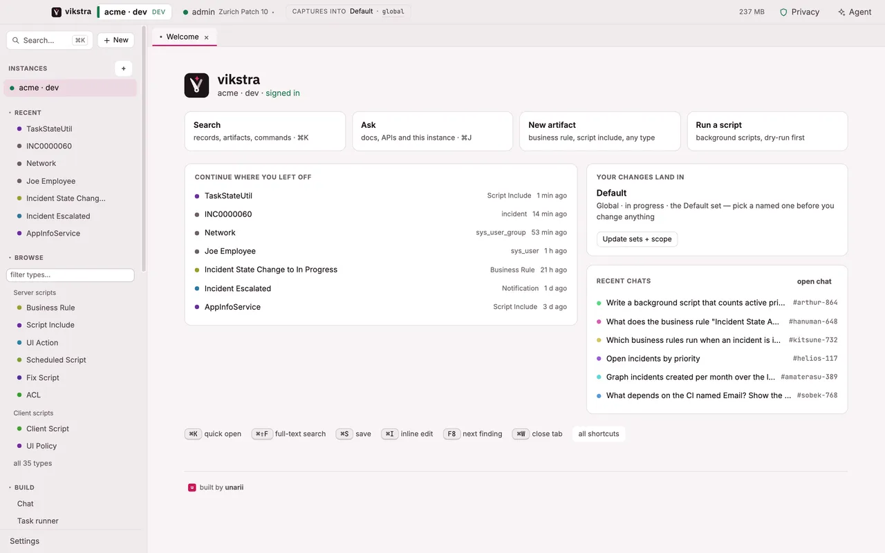 The vikstra home screen: the connected instance, the work you left off, the update set your changes land in, and recent chats.